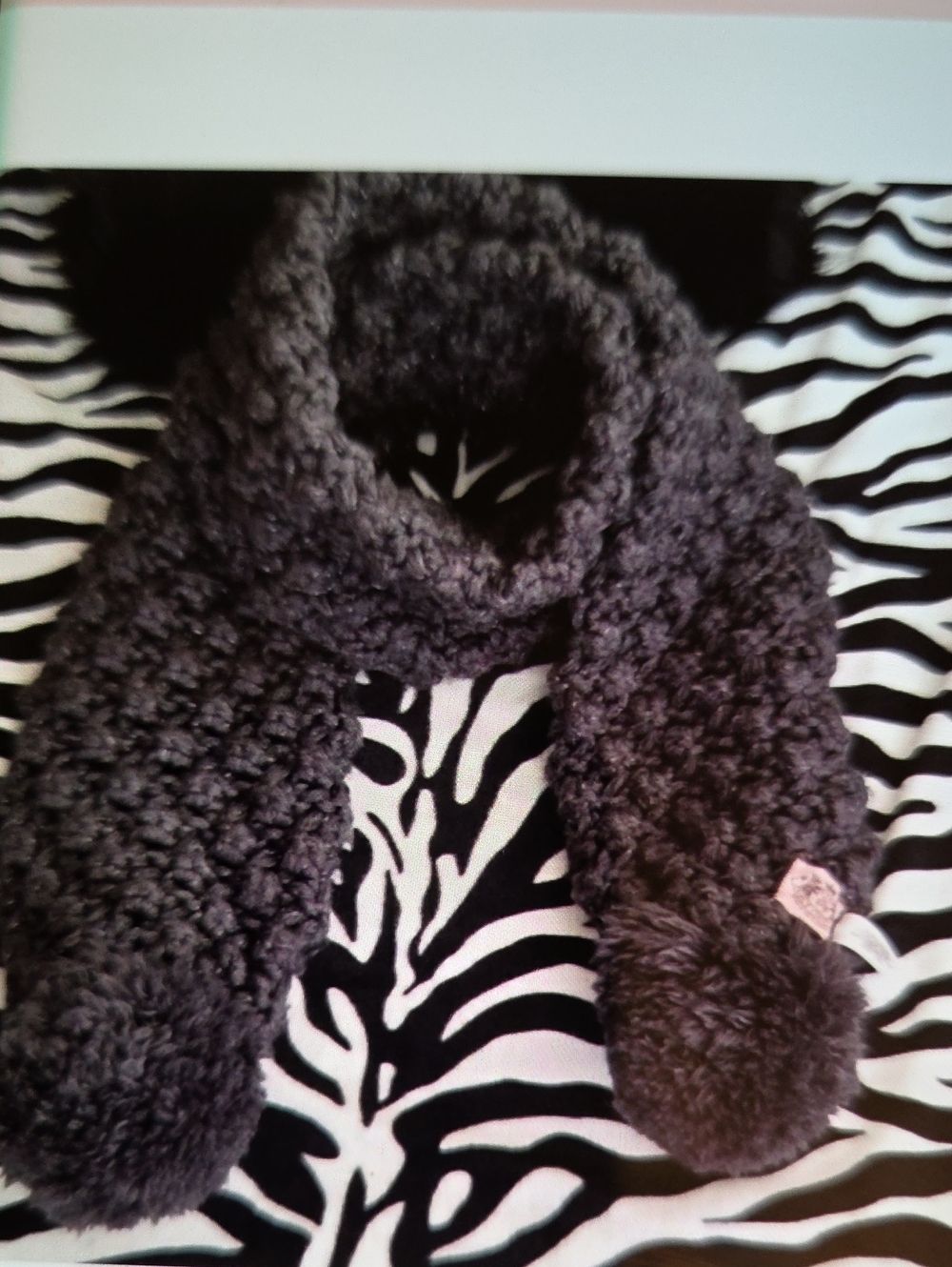 Juicy Couture Plush Faux Fur Scarf in Dark Gray with Pom Ends